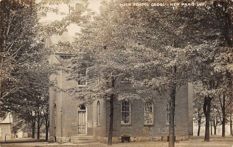 New Paris Indiana c1910 RPPC Real Photo Postcard High School Block