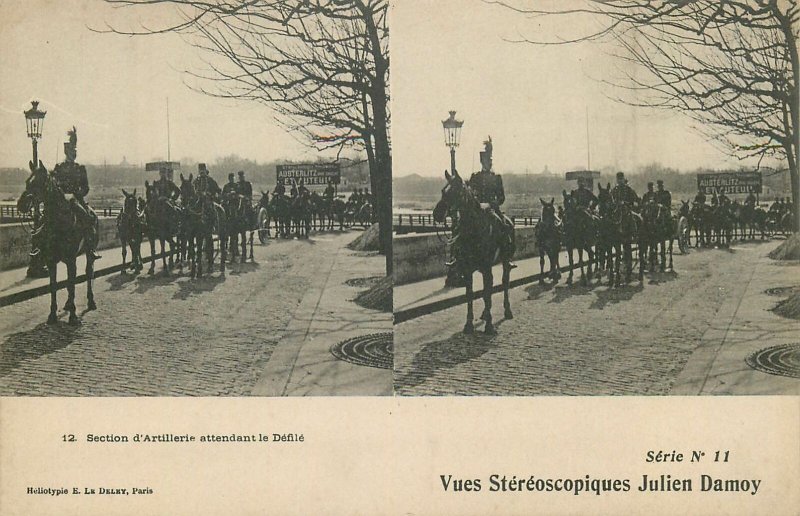 Postcard Stereo view military parade -Paris artillerie defile