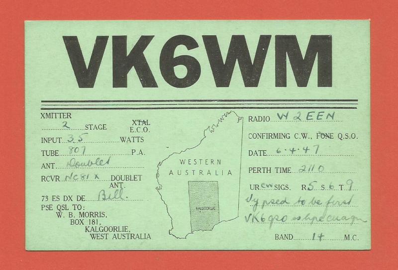 QSL AMATEUR RADIO CARD – KALGOORLIE, AUSTRALIA – 1947