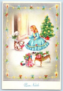 Christmas Child Girl And Cute Puppies Dog With Berries Letter Doll Toys Postcard