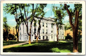 Salina Kansas KS, County Court House Building, Trees Shadows, Vintage Postcard