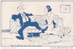 Vintage Arcade Card Humour Man and Woman On Couch I'm Only Resting