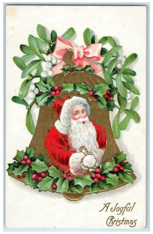 1910 Christmas Santa Claus Bell Holly Berries Mistletoe Oshkosh WI Postcard