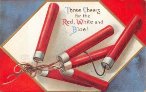 JULY 4TH FIRECRACKERS EMBOSSED PATRIOTIC POSTCARD 1909 190