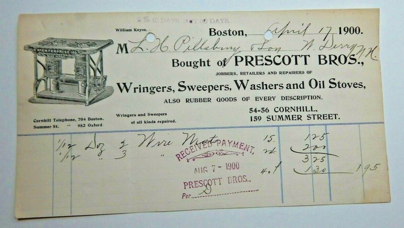 1900 Prescott Bros Wringers Washers Sweepers Oil Stoves Boston MA Letterhead