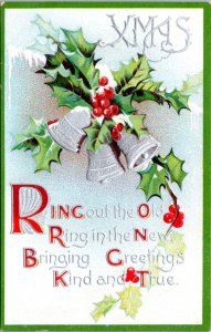 Postcard Christmas - Xmas Ring Out the old Ring in the New - bells with holly