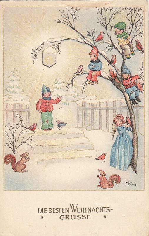 Carla Husmann signed winter fantasy postcard angel children squirrels birds lamp