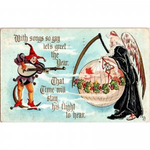 Original 1910 NEW YEARS Postcard Embossed Father Time Lute Serenade Globe