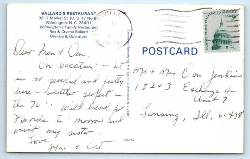 WILMINGTON, North Carolina NC ~ Roadside BALLARD'S RESTAURANT 1976 Postcard