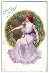 1908 Season's Greetings Pretty Woman Purple Dress Mistletoe Chicago IL Postcard