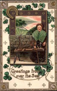 St. Patrick's Day Ornate Border Woman at Spinning Wheel #2275 c1910 Postcard