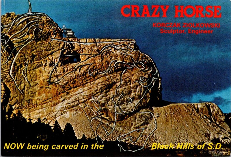 Korczak Ziolkowski Sculptor Crazy Horse Black Horse SD vtg postcard