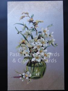 c1907 Greetings: Gold & Silver PC with Vase of Narcissus Flowers