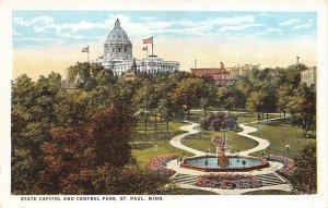 ST PAUL, MN Minnesota  STATE CAPITOL & CENTRAL PARK~Fountain  c1920's Postcard