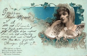 Art Nouveau Pretty Girl Blue Du bist mir so ferne... Vintage Postcard C331