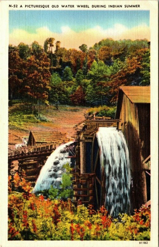 Vintage 1930's A Picturesque Old Water Wheel During Indian Summer Linen Postcard