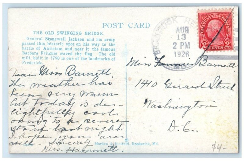 1926 Carroll Creek Old Town Mill Bridge Frederick Maryland MD Vintage Postcard