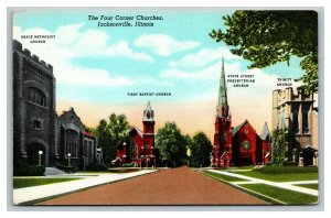 Vintage 1940's Postcard The Four Corner Churches Downtown Jacksonville Illinois