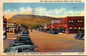 Vtg Main Street Business District Rattlesnake Mountain Cody Wyoming WY Postcard