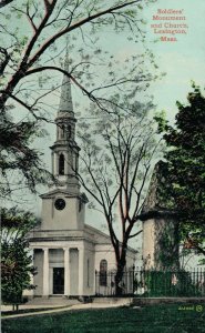 USA Soldiers Monument and Church Lexington Massachusetts Vintage Postcard 07.22 