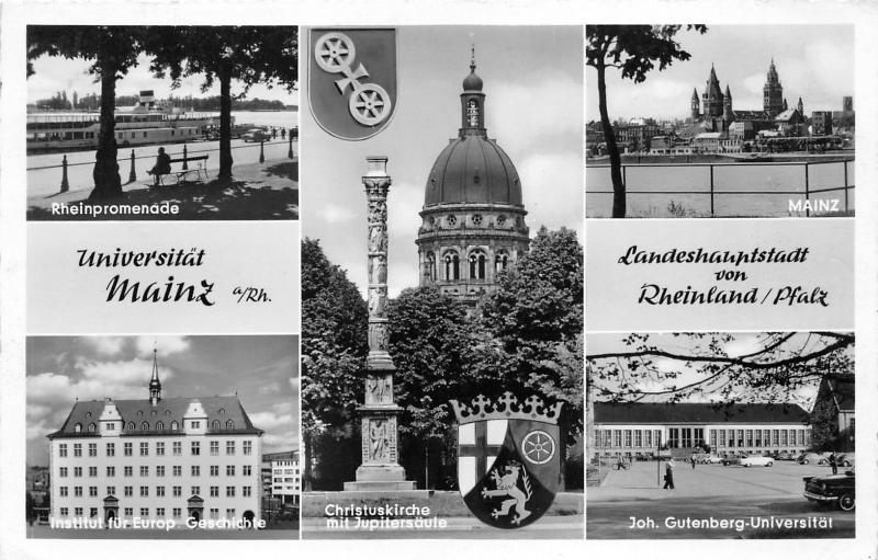 Mainz Germany~5 Views~Rheinpromenade~Christuskirche~Universitat~1958 RPPC