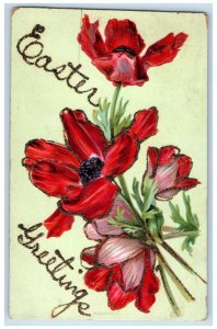 c1910's Easter Greetings Red Flowers Embossed Glitter Posted Antique Postcard