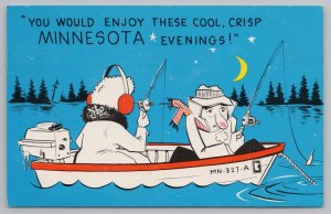 Minnesota Comic~Cool Crisp Night~Freezing Couple Boat Fishing~Ice on Motor~1970