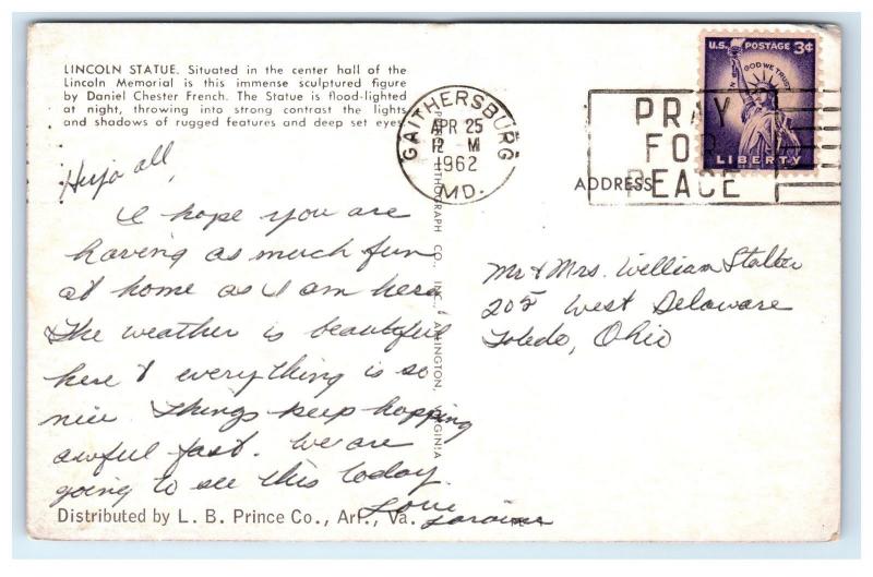 Postcard Lincoln Statue - Memorial, Washington DC 1962 B45