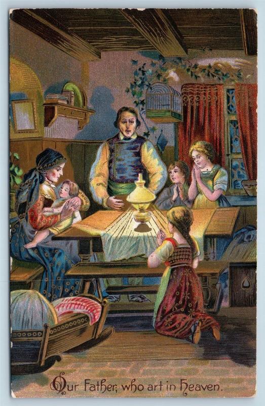 Postcard Lords Prayer Our Father Who Art in Heaven Family Praying c1912 M2