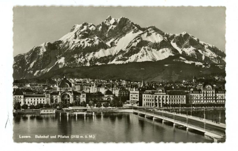 Switzerland - Luzern. Train Station & Mt. Pilatus   RPPC  (curled postcard)