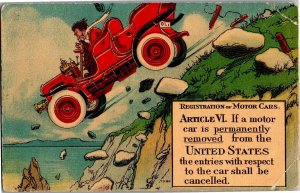 Registration of Motor Cars, Man Runs Auto Off Cliff Vintage Postcard D42