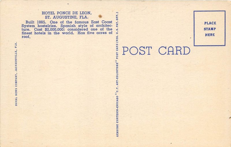 St. Augustine Florida 1940s Postcard Hotel Ponce De Leon