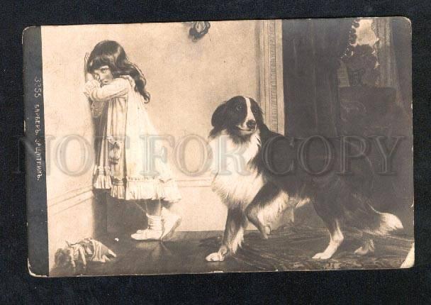 025383 COLLIE & Girl w/ DOLL Sign BARBER Vintage RUSSIAN PC