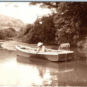c1920s Unique Lady in Boat RPPC Young Woman Fish Play Real Photo in Nature A163