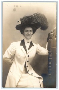 c1910's Woman Feather Hat Studio Portrait RPPC Photo Unposted Antique Postcard