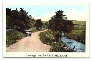 Postcard Greetings From Syracuse Kans. Kansas Antique Automobile On Country Road