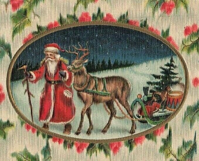 Santa Claus Walking Leading Reindeer Sleigh Germany Christmas c1910 P206