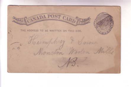 Victoria 1888 John Harvey Stanley NB to Humphrey and Sons Moncton, Canada Pos...