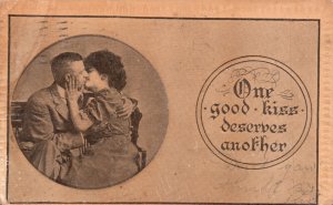 Vintage Postcard 1913 Couple Lovers Romance Comic One Good Kiss Deserves Another