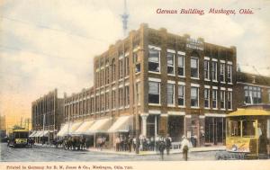 c1907 Chromograph Postcard; German Building, Muskogee OK, Horsedrawn, Trolley