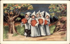 Halloween Kids in Ghost Costumes in Woods w/ JOLs Embossed c1910 Postcard