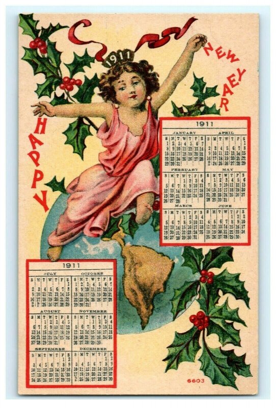 C.1911 Full Calendar New Year Cherub Globe Holly Christmas Postcard P109