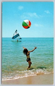 Sunfish Sailboat, Girl, Beach Ball, Cape Cod, Massachusetts, Vintage Postcard
