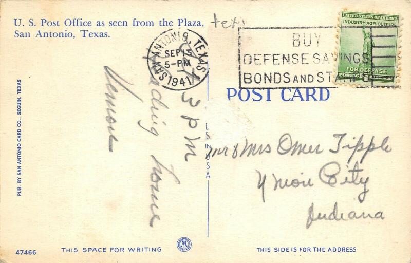 San Antonio Texas 1941 Linen Postcard US Post Office From The Plaza