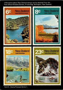 CONTINENTAL SIZE POSTCARD NEW ZEALAND FOUR LAKES 6c 8c 18c 23c STAMPS SCENE