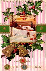 Merry Christmas With Gold Bells Holly and Winter Scene 1910