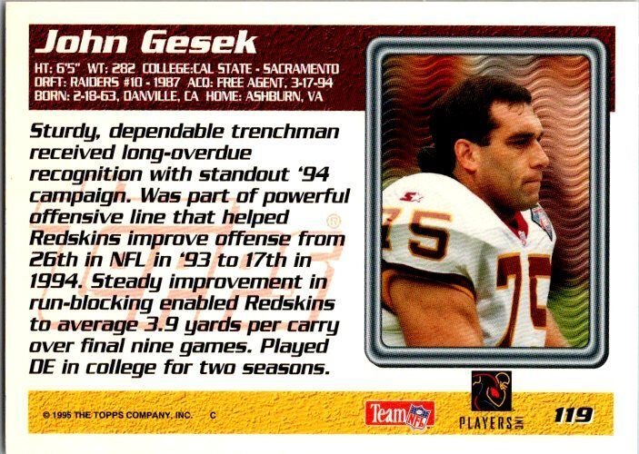 1995 Topps Football Card John Gesek Washington Redskins sk21444