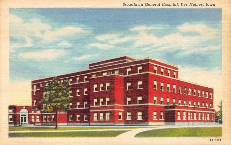 DES MOINES, IA Iowa  BROADLAWN GENERAL HOSPITAL c1940's Curteich Linen Postcard