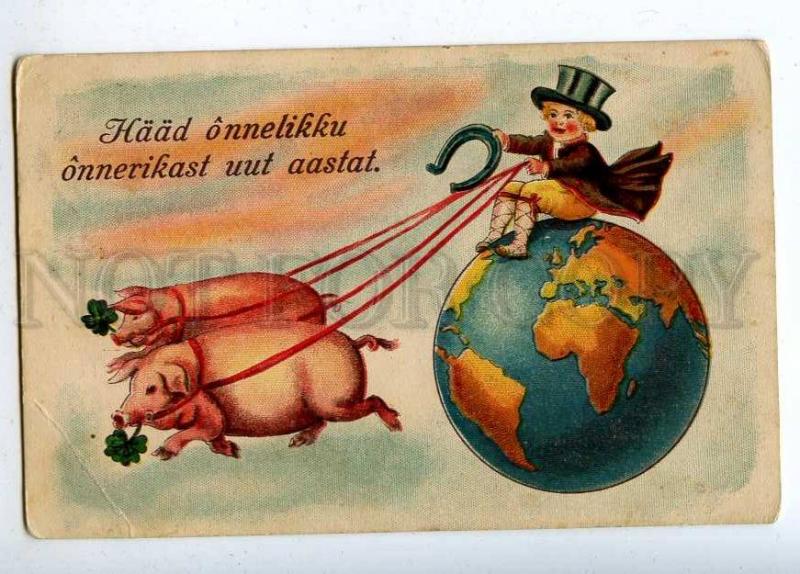 202979 NEW YEAR Boy PIGS & GLOBE EARTH Vintage postcard