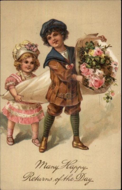 Chil;dren w/ Flowers Fancy Clothes HAPPY RETURNS OF DAY PFB Postcard